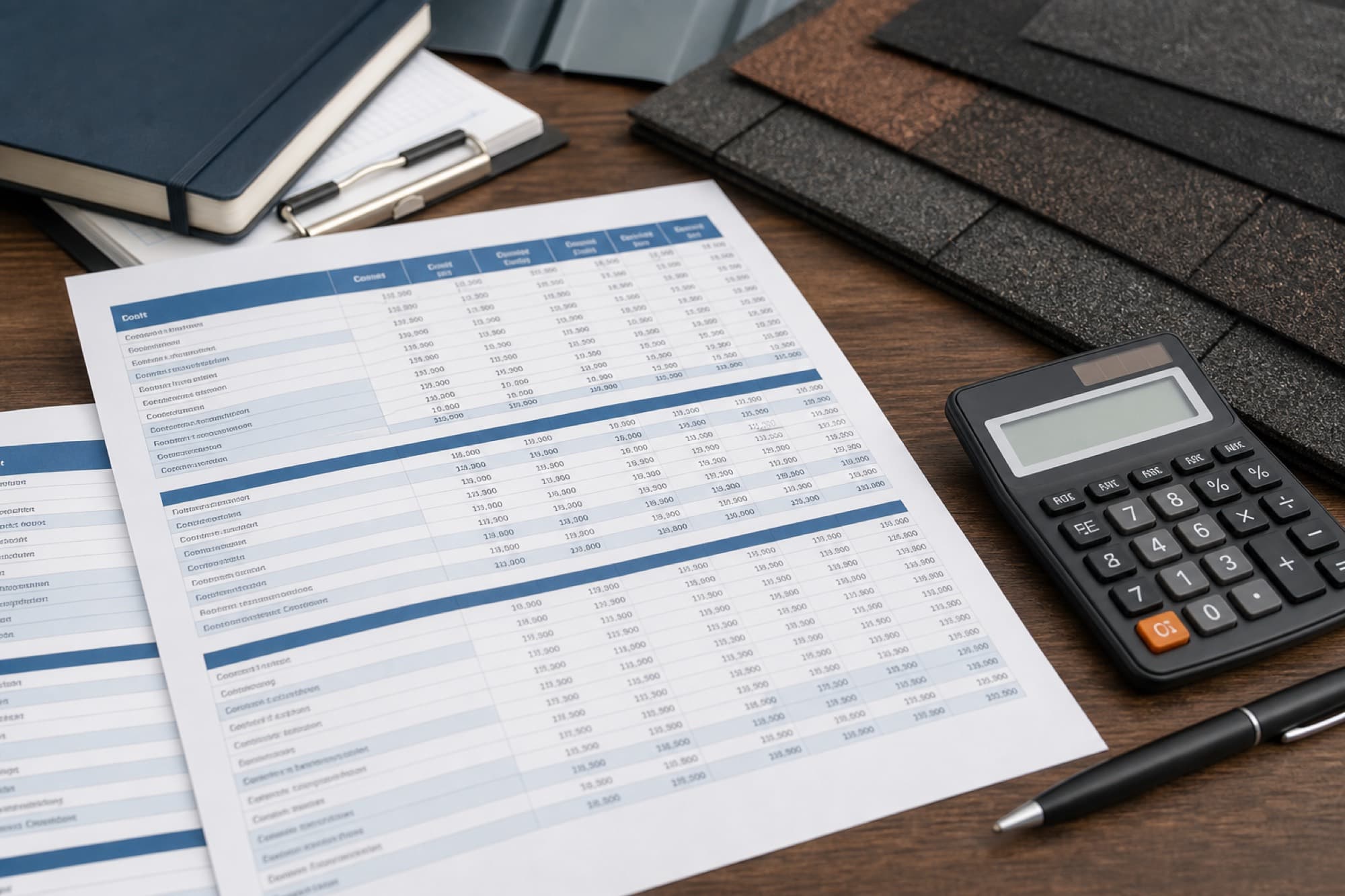 SKU cost comparison paperwork next to roofing material samples