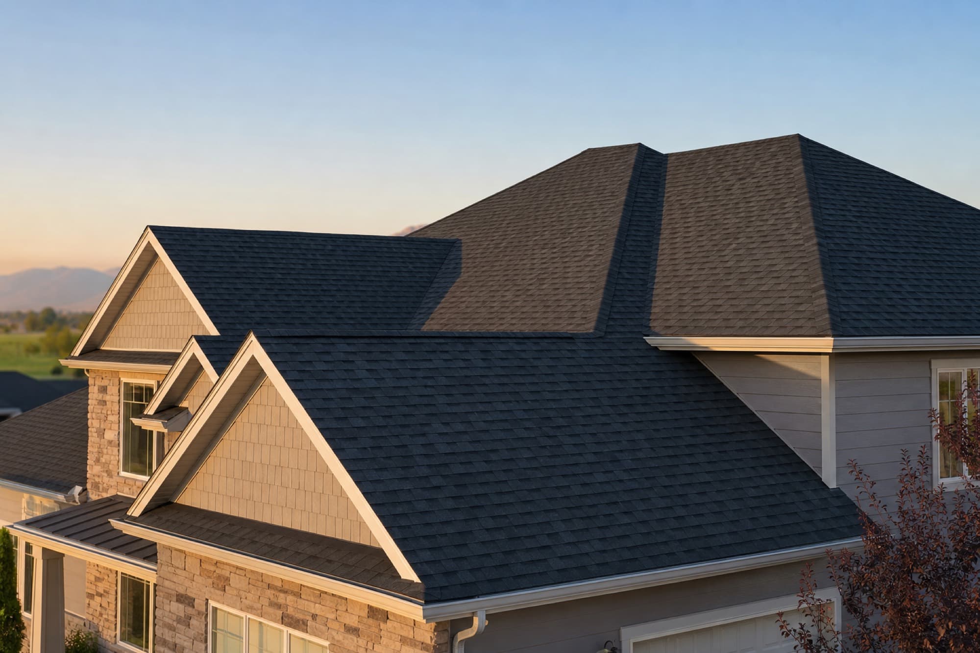 Finished residential asphalt shingle roof under clear sky